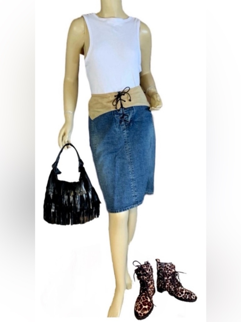 VINTAGE Y2K L.A. BLUES BLUE DENIM SKIRT W/TAN FAUX SUEDE WAIST (26)